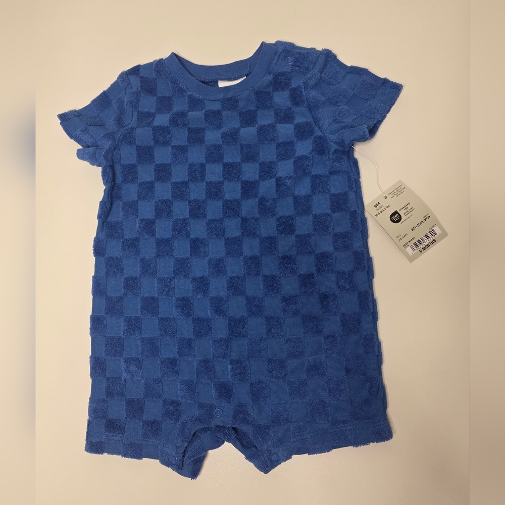 NWT Okie Dokie 9M Boys Deep Water Blue Checkered Romper Short Sleeve